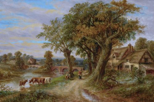 LANDSCAPE OIL PAINTING OF FIGURES WITH CATTLE NEAR A COUNTRY RIVER BY THOMAS THOMAS - ADDITIONAL PHOTO 1
