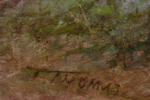 LANDSCAPE OIL PAINTING OF FIGURES WITH CATTLE NEAR A COUNTRY RIVER BY THOMAS THOMAS - ADDITIONAL PHOTO 3