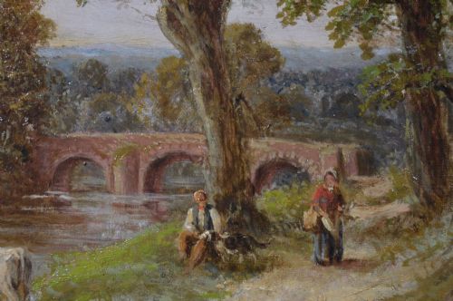 LANDSCAPE OIL PAINTING OF FIGURES WITH CATTLE NEAR A COUNTRY RIVER BY THOMAS THOMAS - ADDITIONAL PHOTO 5