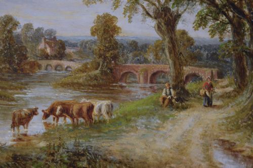 LANDSCAPE OIL PAINTING OF FIGURES WITH CATTLE NEAR A COUNTRY RIVER BY THOMAS THOMAS - ADDITIONAL PHOTO 6