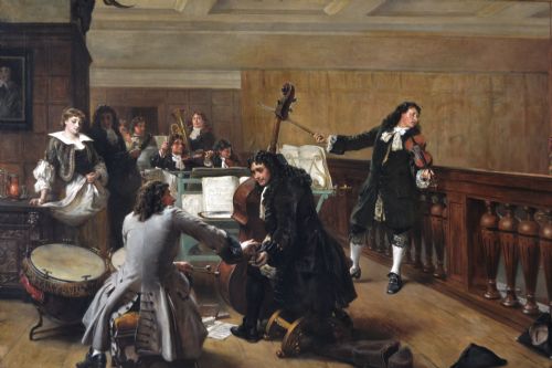 LARGESCALE ROYAL ACADEMY HISTORICAL GENRE OIL PAINTING OF MUSICIANS AT A STATELY HOME BY ROBERT ALEXANDER HILLINGFORD - ADDITIONAL PHOTO 1