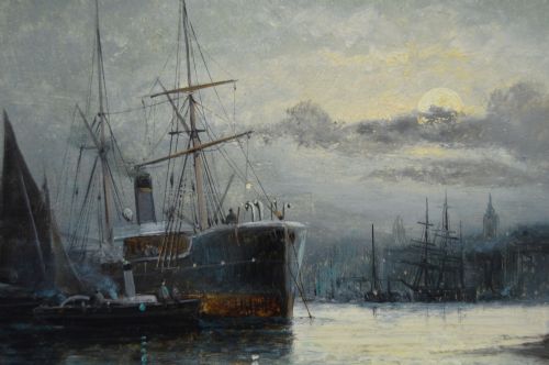 PAIR OF SEASCAPE OIL PAINTINGS OF SHIPPING AT ROCHESTER ON THE MEDWAY BY HUBERT THORNLEY - ADDITIONAL PHOTO 2