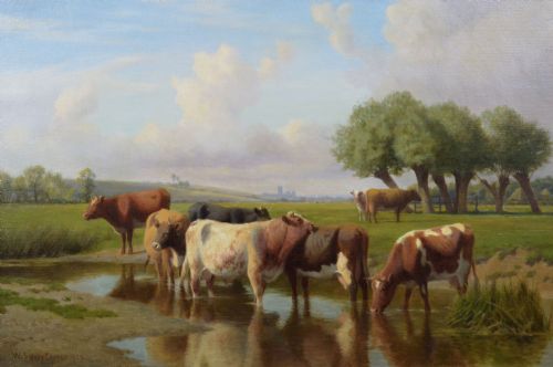 fig 1. A gilded ornate frame enclosing an oil painting of cattle standing in a stream within a green pastoral landscape.