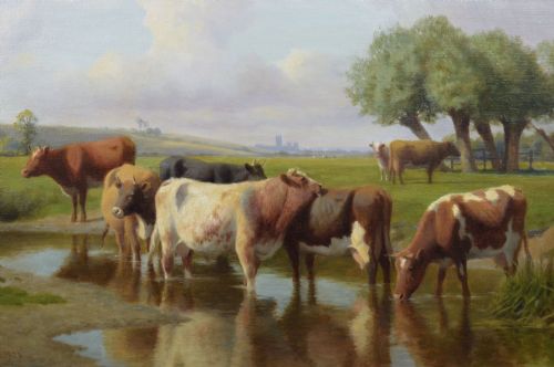 fig 2. A gilded ornate frame enclosing an oil painting of cattle standing in a stream within a green pastoral landscape.