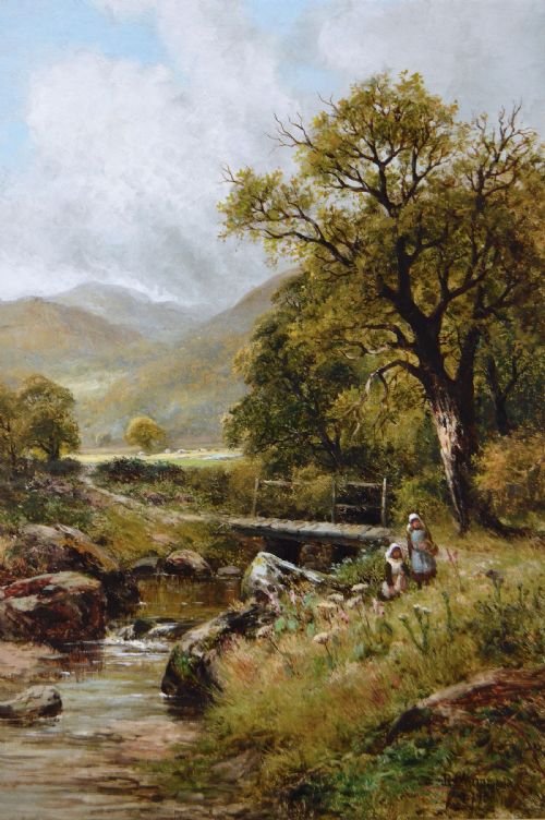 LANDSCAPE OIL PAINTING OF FIGURES PICKING FLOWERS AT A RIVER BANK BY ROBERT JOHN HAMMOND - ADDITIONAL PHOTO 1