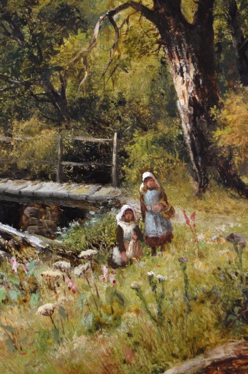 LANDSCAPE OIL PAINTING OF FIGURES PICKING FLOWERS AT A RIVER BANK BY ROBERT JOHN HAMMOND - ADDITIONAL PHOTO 5