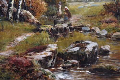 RIVER LANDSCAPE OIL PAINTING OF FIGURES CROSSING STEPPING STONES BY ROBERT JOHN HAMMOND - ADDITIONAL PHOTO 2