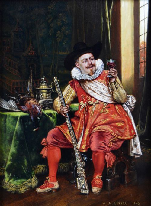 HISTORICAL GENRE SPORTING OIL PAINTING OF A GENTLEMAN HUNTER BY ADOLPHE ALEXANDRE LESREL - ADDITIONAL PHOTO 1