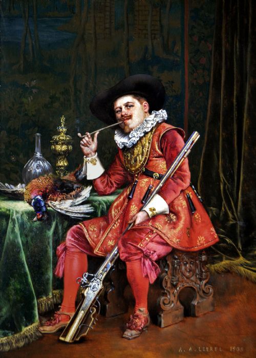 GENRE HISTORICAL OIL PAINTING OF A GENTLEMAN HOLDING A GUN BY ADOLPHEALEXANDRE LESREL - ADDITIONAL PHOTO 1