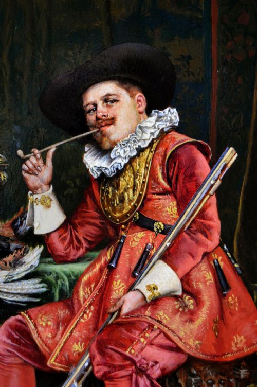 GENRE HISTORICAL OIL PAINTING OF A GENTLEMAN HOLDING A GUN BY ADOLPHEALEXANDRE LESREL - ADDITIONAL PHOTO 2