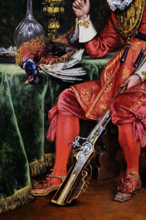 GENRE HISTORICAL OIL PAINTING OF A GENTLEMAN HOLDING A GUN BY ADOLPHEALEXANDRE LESREL - ADDITIONAL PHOTO 3