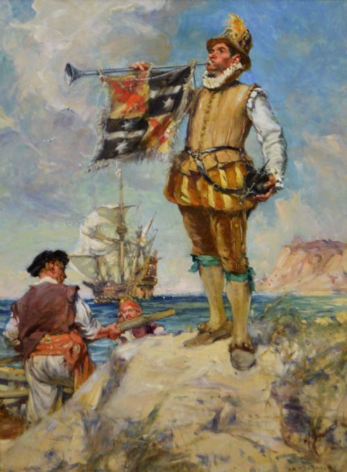 fig 1. An oil painting in an ornate gilded frame depicting a royal herald blowing a trumpet on a coastal dune with a tall ship in the background.