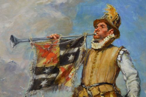 fig 2. An oil painting in an ornate gilded frame depicting a royal herald blowing a trumpet on a coastal dune with a tall ship in the background.