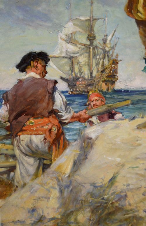 fig 3. An oil painting in an ornate gilded frame depicting a royal herald blowing a trumpet on a coastal dune with a tall ship in the background.