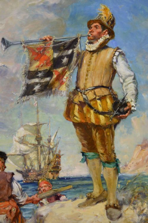 fig 4. An oil painting in an ornate gilded frame depicting a royal herald blowing a trumpet on a coastal dune with a tall ship in the background.
