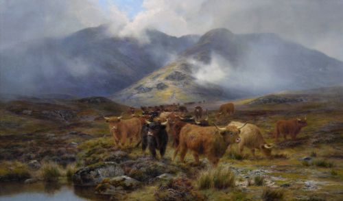 LANDSCAPE ANIMAL OIL PAINTING OF HIGHLAND CATTLE ON A MOOR BY LOUIS BOSWORTH HURT - ADDITIONAL PHOTO 1
