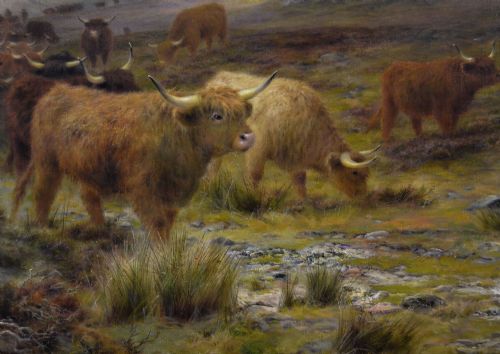 LANDSCAPE ANIMAL OIL PAINTING OF HIGHLAND CATTLE ON A MOOR BY LOUIS BOSWORTH HURT - ADDITIONAL PHOTO 3