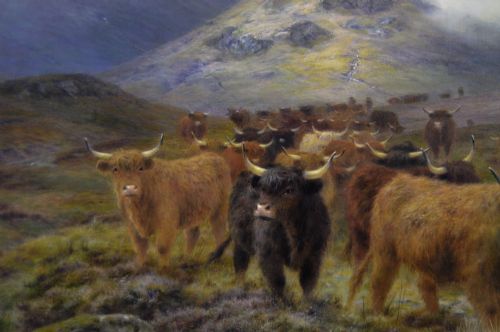 LANDSCAPE ANIMAL OIL PAINTING OF HIGHLAND CATTLE ON A MOOR BY LOUIS BOSWORTH HURT - ADDITIONAL PHOTO 4