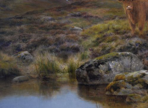LANDSCAPE ANIMAL OIL PAINTING OF HIGHLAND CATTLE ON A MOOR BY LOUIS BOSWORTH HURT - ADDITIONAL PHOTO 6