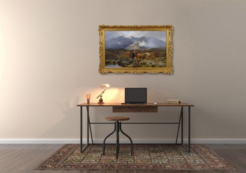 LANDSCAPE ANIMAL OIL PAINTING OF HIGHLAND CATTLE ON A MOOR BY LOUIS BOSWORTH HURT - ADDITIONAL PHOTO 11