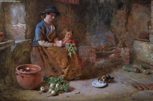 fig 1. A nineteenth-century framed oil painting depicting a woman and child inside a rustic cottage interior, enclosed in a heavily ornate gold gilt frame.