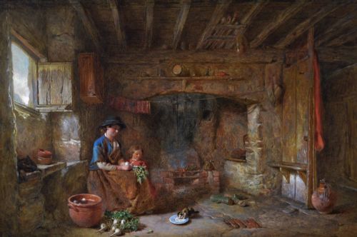 fig 2. A nineteenth-century framed oil painting depicting a woman and child inside a rustic cottage interior, enclosed in a heavily ornate gold gilt frame.