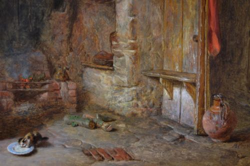 fig 3. A nineteenth-century framed oil painting depicting a woman and child inside a rustic cottage interior, enclosed in a heavily ornate gold gilt frame.