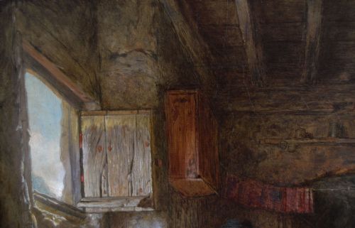 fig 4. A nineteenth-century framed oil painting depicting a woman and child inside a rustic cottage interior, enclosed in a heavily ornate gold gilt frame.