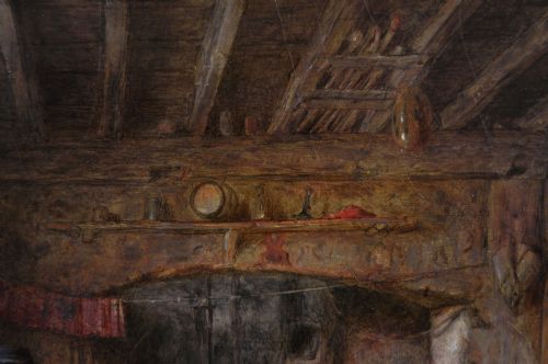 fig 5. A nineteenth-century framed oil painting depicting a woman and child inside a rustic cottage interior, enclosed in a heavily ornate gold gilt frame.