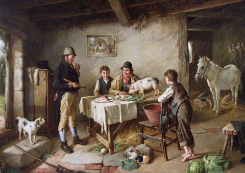 GENRE OIL PAINTING OF FIGURES IN A COTTAGE WITH PIGLETS A PONY GUINEA PIG RABBIT DOG BY CHARLES HUNT JNR - ADDITIONAL PHOTO 1
