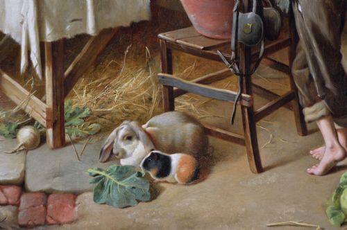 GENRE OIL PAINTING OF FIGURES IN A COTTAGE WITH PIGLETS A PONY GUINEA PIG RABBIT DOG BY CHARLES HUNT JNR - ADDITIONAL PHOTO 2