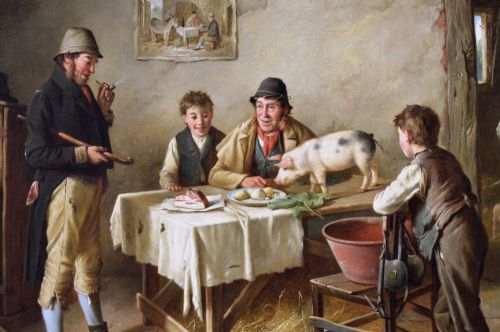 GENRE OIL PAINTING OF FIGURES IN A COTTAGE WITH PIGLETS A PONY GUINEA PIG RABBIT DOG BY CHARLES HUNT JNR - ADDITIONAL PHOTO 3