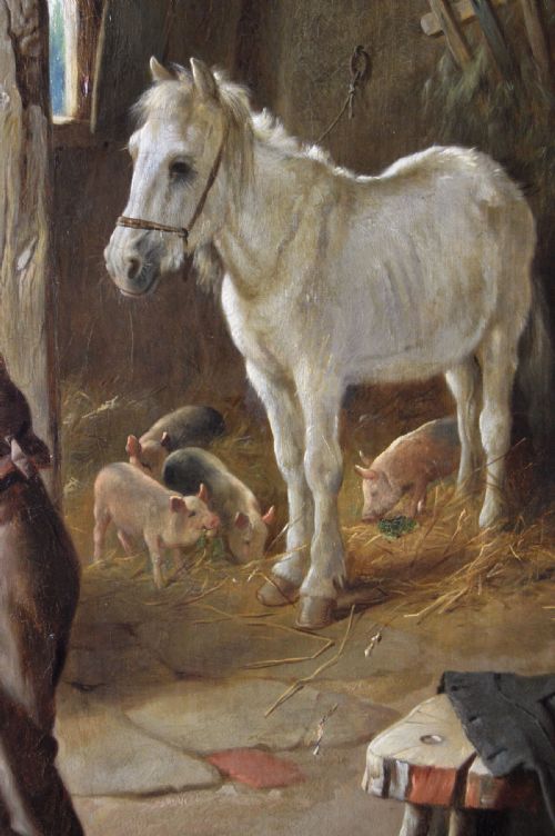 GENRE OIL PAINTING OF FIGURES IN A COTTAGE WITH PIGLETS A PONY GUINEA PIG RABBIT DOG BY CHARLES HUNT JNR - ADDITIONAL PHOTO 4