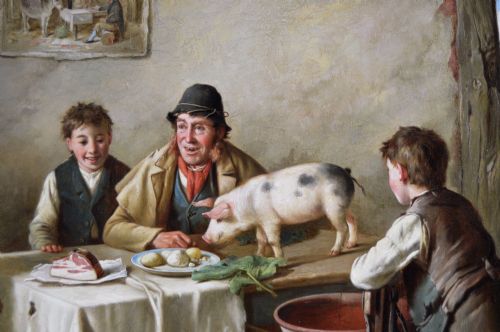 GENRE OIL PAINTING OF FIGURES IN A COTTAGE WITH PIGLETS A PONY GUINEA PIG RABBIT DOG BY CHARLES HUNT JNR - ADDITIONAL PHOTO 5