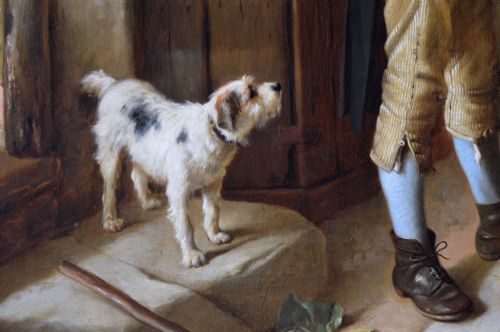 GENRE OIL PAINTING OF FIGURES IN A COTTAGE WITH PIGLETS A PONY GUINEA PIG RABBIT DOG BY CHARLES HUNT JNR - ADDITIONAL PHOTO 6
