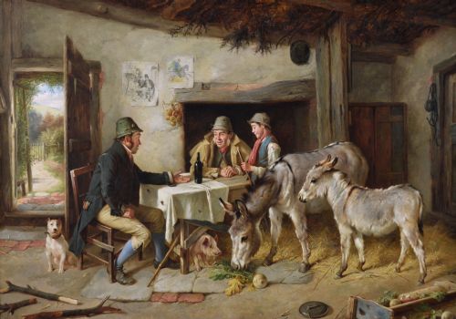 GENRE OIL PAINTING OF FIGURES IN A COTTAGE WITH TWO DONKEYS A PIG AND A DOG BY CHARLES HUNT JNR - ADDITIONAL PHOTO 1
