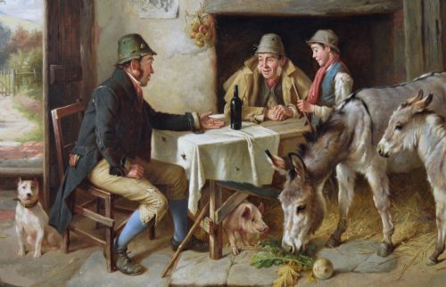 GENRE OIL PAINTING OF FIGURES IN A COTTAGE WITH TWO DONKEYS A PIG AND A DOG BY CHARLES HUNT JNR - ADDITIONAL PHOTO 2