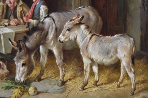 GENRE OIL PAINTING OF FIGURES IN A COTTAGE WITH TWO DONKEYS A PIG AND A DOG BY CHARLES HUNT JNR - ADDITIONAL PHOTO 3