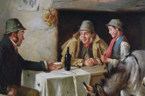 GENRE OIL PAINTING OF FIGURES IN A COTTAGE WITH TWO DONKEYS A PIG AND A DOG BY CHARLES HUNT JNR - ADDITIONAL PHOTO 4