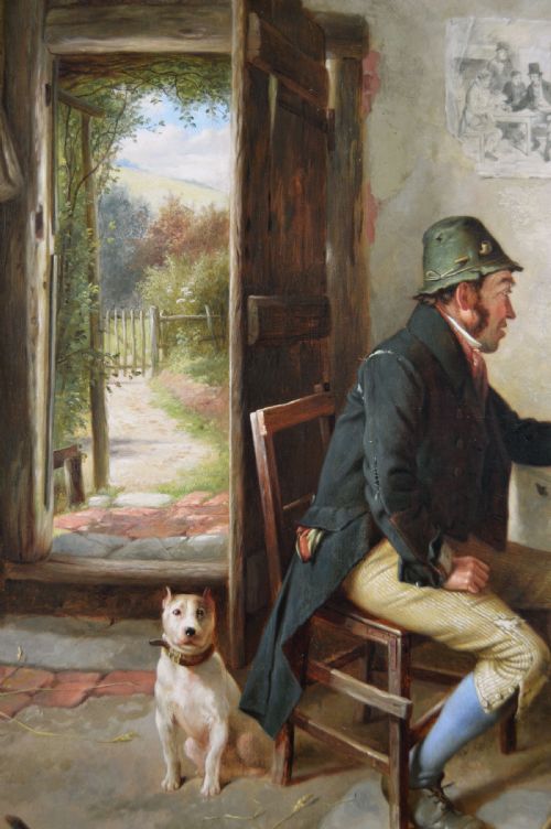 GENRE OIL PAINTING OF FIGURES IN A COTTAGE WITH TWO DONKEYS A PIG AND A DOG BY CHARLES HUNT JNR - ADDITIONAL PHOTO 5