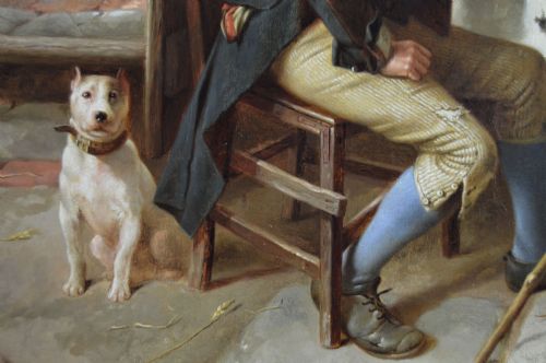 GENRE OIL PAINTING OF FIGURES IN A COTTAGE WITH TWO DONKEYS A PIG AND A DOG BY CHARLES HUNT JNR - ADDITIONAL PHOTO 6
