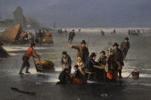 WINTER LANDSCAPE OIL PAINTING OF FIGURES SKATING ON A DUTCH LAKE BY LOUIS SMETS - ADDITIONAL PHOTO 3