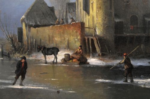 WINTER LANDSCAPE OIL PAINTING OF FIGURES SKATING ON A DUTCH LAKE BY LOUIS SMETS - ADDITIONAL PHOTO 4