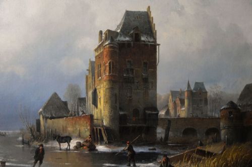 WINTER LANDSCAPE OIL PAINTING OF FIGURES SKATING ON A DUTCH LAKE BY LOUIS SMETS - ADDITIONAL PHOTO 5