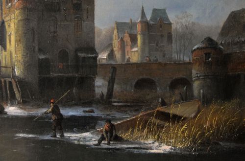 WINTER LANDSCAPE OIL PAINTING OF FIGURES SKATING ON A DUTCH LAKE BY LOUIS SMETS - ADDITIONAL PHOTO 6