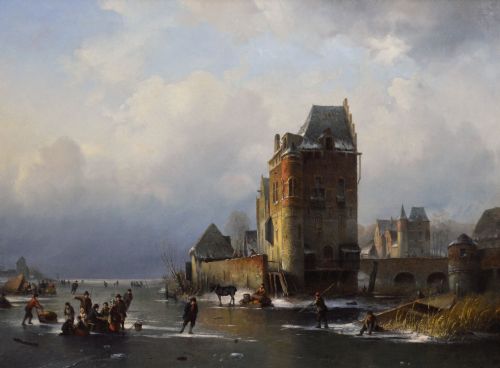 WINTER LANDSCAPE OIL PAINTING OF FIGURES SKATING ON A DUTCH LAKE BY LOUIS SMETS - ADDITIONAL PHOTO 1