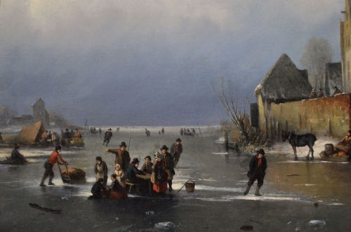 WINTER LANDSCAPE OIL PAINTING OF FIGURES SKATING ON A DUTCH LAKE BY LOUIS SMETS - ADDITIONAL PHOTO 2