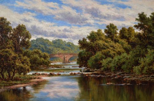 LANCASHIRE RIVER LANDSCAPE OIL PAINTING OF DOEFORD BRIDGE BY HENRY H PARKER - ADDITIONAL PHOTO 1