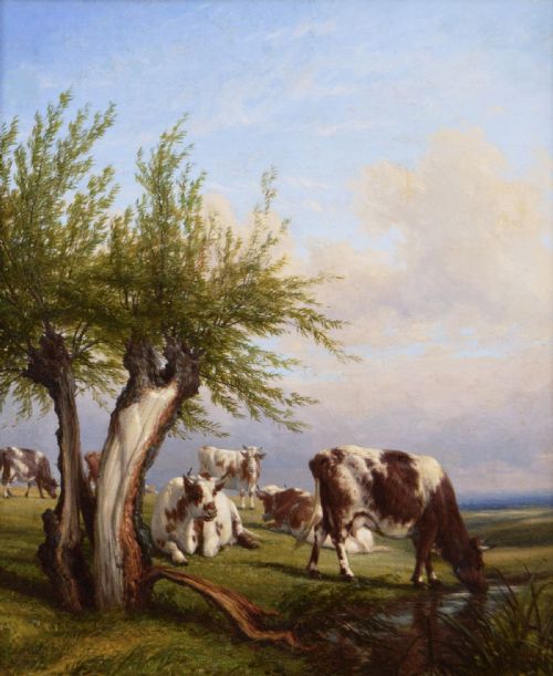 LANDSCAPE OIL PAINTING OF CATTLE BY THOMAS BAKER OF LEAMINGTON - ADDITIONAL PHOTO 1