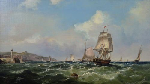 PAIR OF MARINE OIL PAINTINGS OF SHIPPING OFF SCARBOROUGH PORTSMOUTH HARBOUR BY JOHN JAMES WILSON - ADDITIONAL PHOTO 1